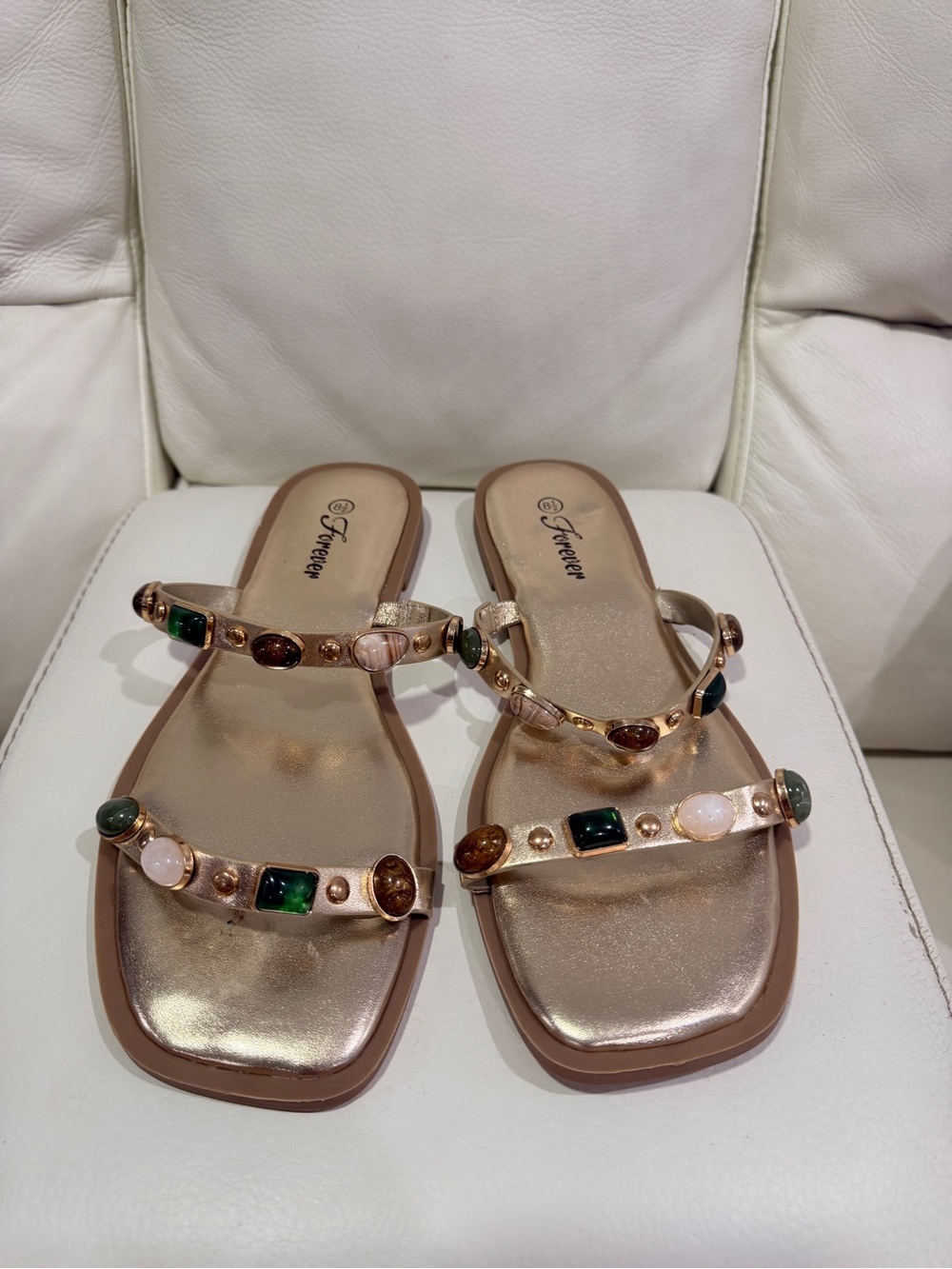 Forever 21 Tan Slide Sandals with Green & Gold Gem Accents. Exellent Condition - Picture 5 of 9